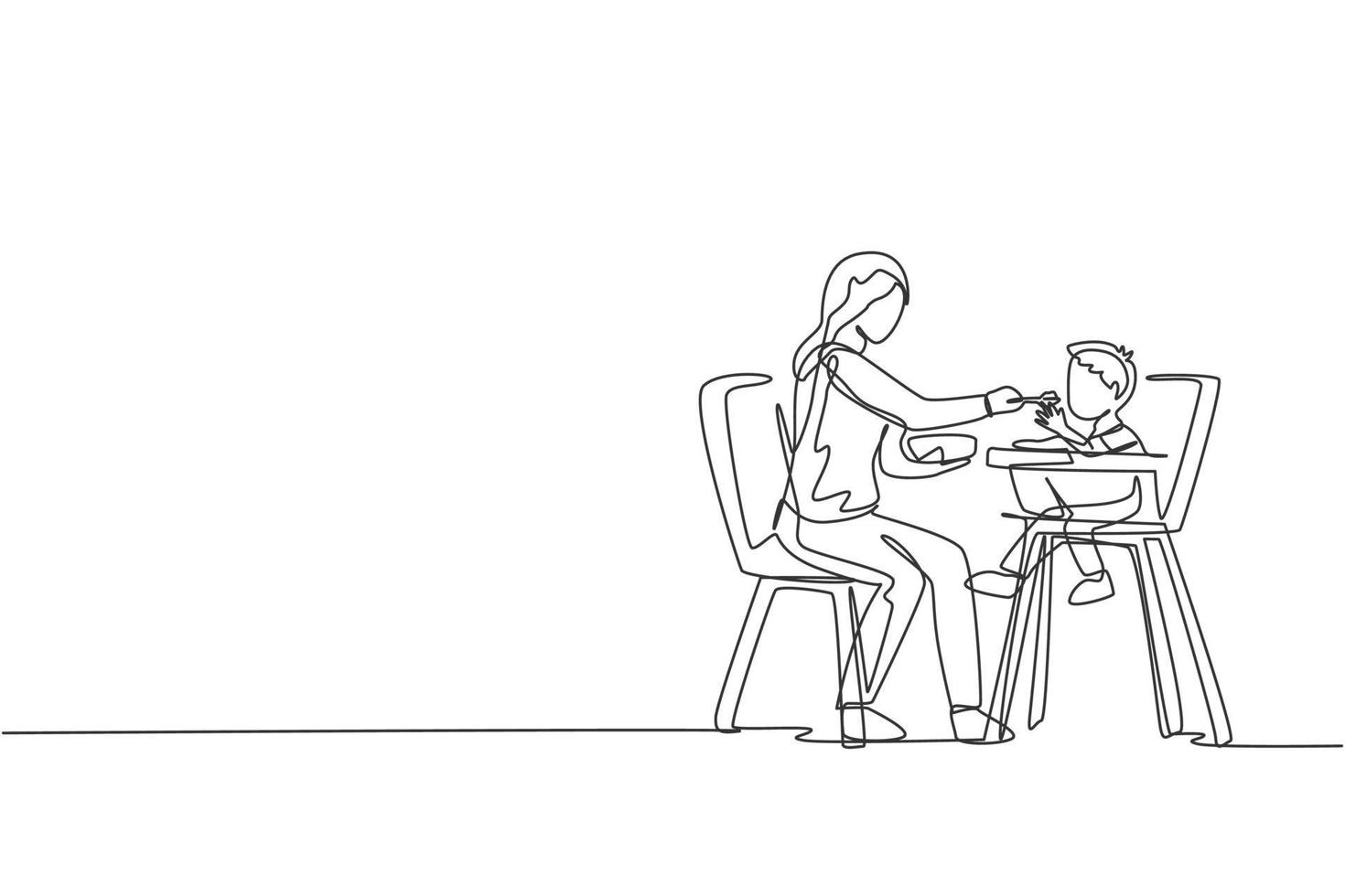 One single line drawing of young mother feeding her son a meal who sit at baby dining chair at home vector graphic illustration. Happy family parenting concept. Modern continuous line draw design
