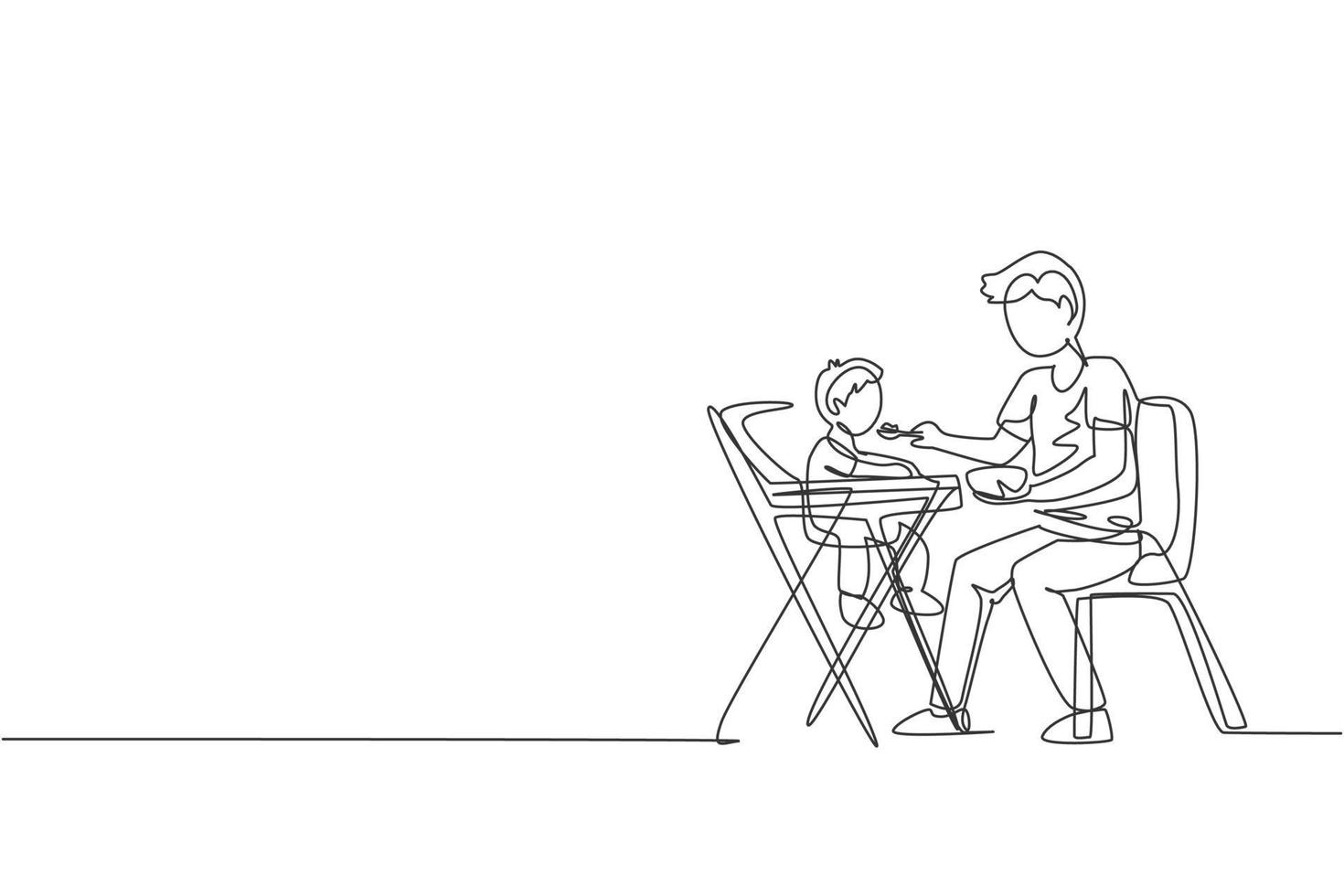 Un solo dibujo de línea continua de un padre joven que alimenta a su hijo con una comida que se sienta en la silla del comedor del bebé, una crianza feliz. concepto de cuidado amoroso familiar. Ilustración de vector de diseño de dibujo gráfico de una línea de moda