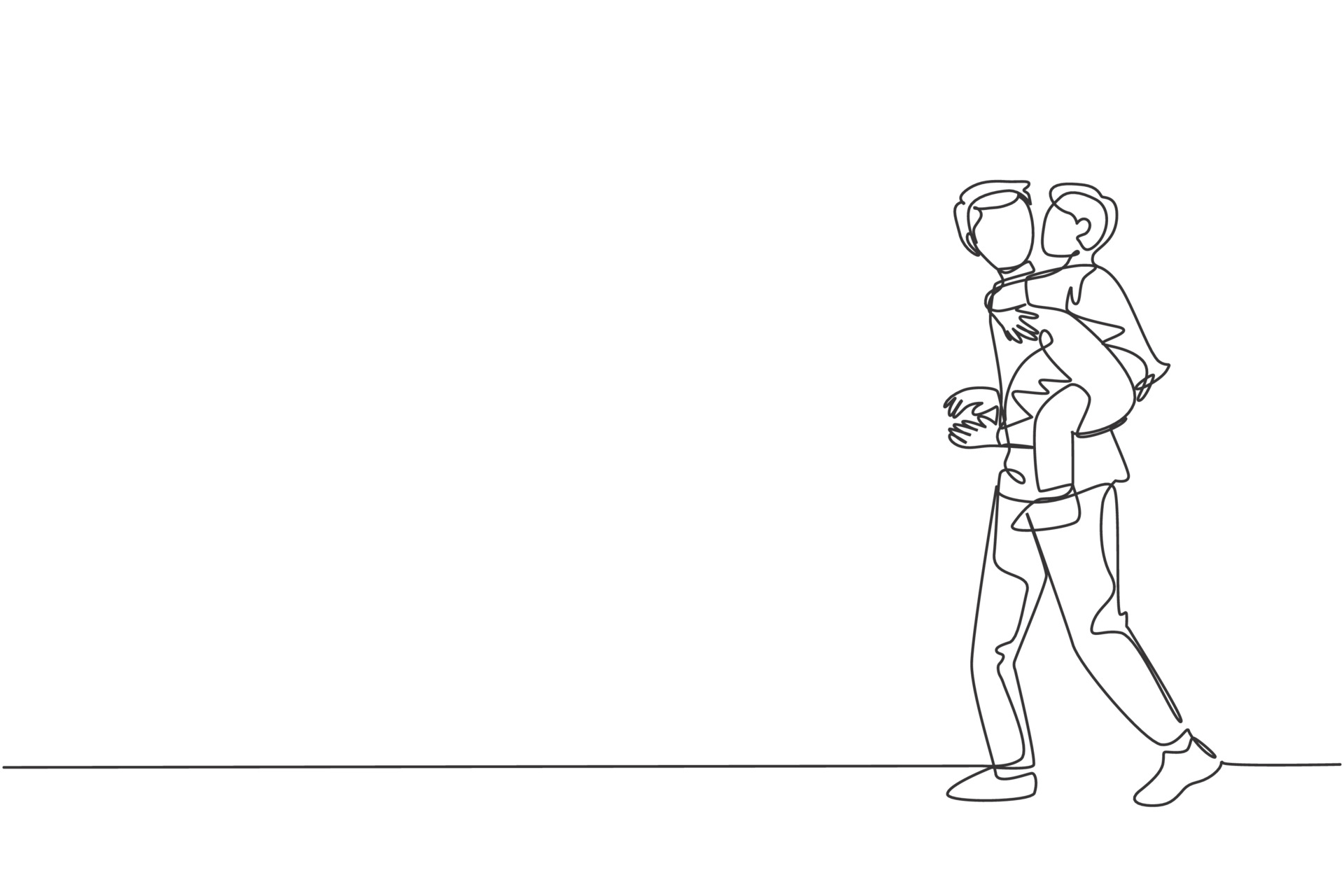 One single line drawing of young father talking to his sleepy son while carrying him on back go to the bed room vector illustration. Happy family parenting concept. Modern continuous line draw One single line drawing of young father talking to his sleepy son while carrying him on back go to the bed room vector illustration. Happy family parenting concept. Modern continuous line draw