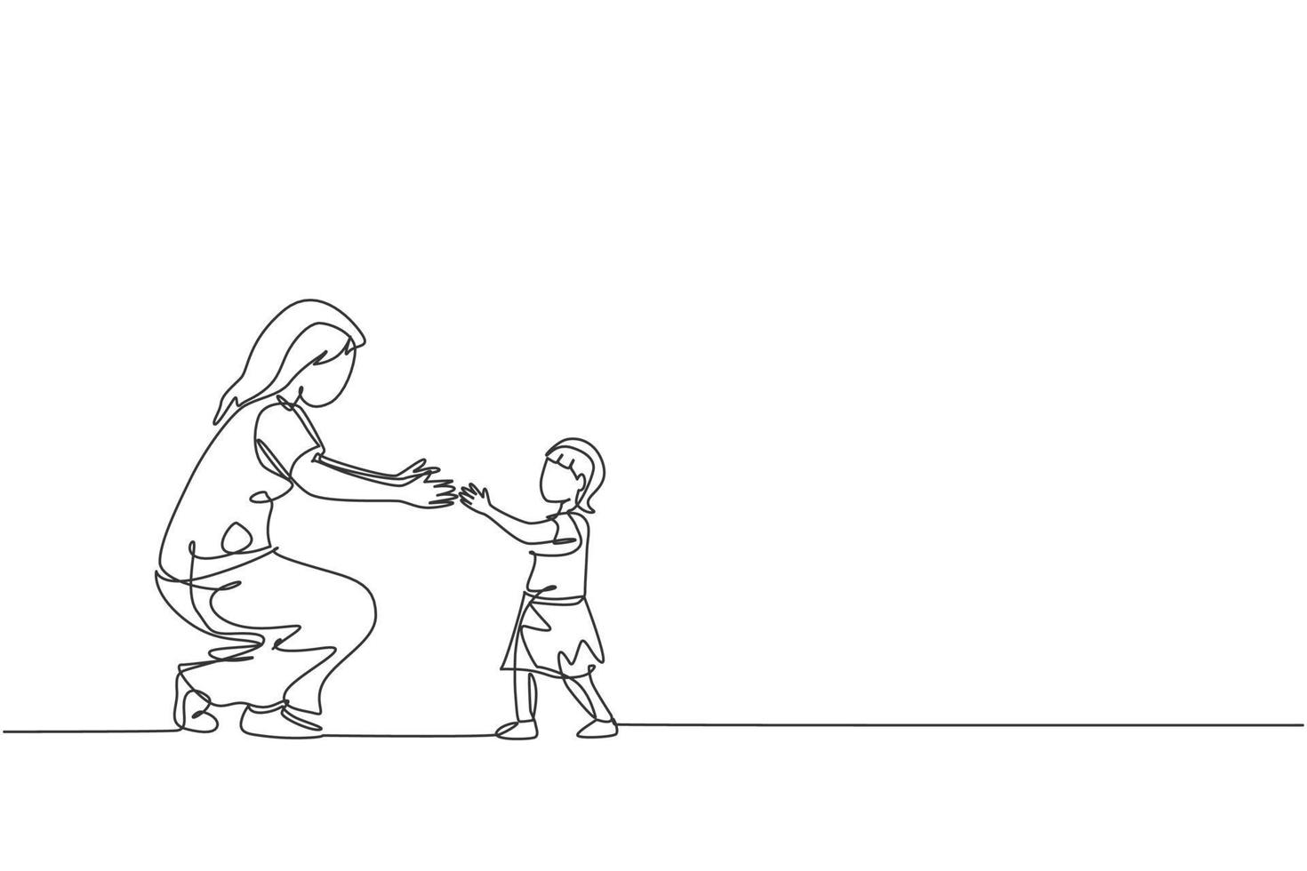 One single line drawing of young mother ready to hug daughter who learned to walk towards her at home vector illustration. Happy family parenting concept. Modern continuous line draw graphic design