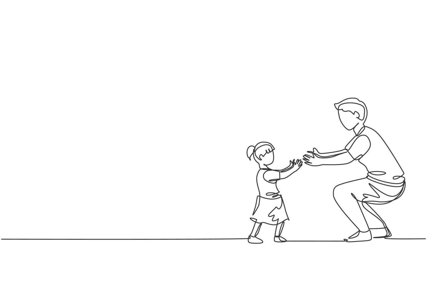 One continuous line drawing of young dad ready to hug daughter who learned to walk towards him at home. Happy family parenthood concept. Dynamic single line draw design vector graphic illustration