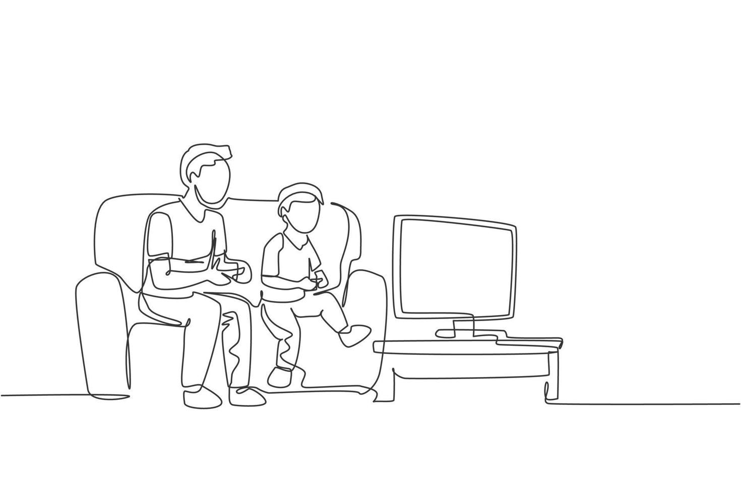 One single line drawing of young dad and son sitting on sofa while playing video game together at home graphic vector illustration. Happy family parenting concept. Modern continuous line draw design
