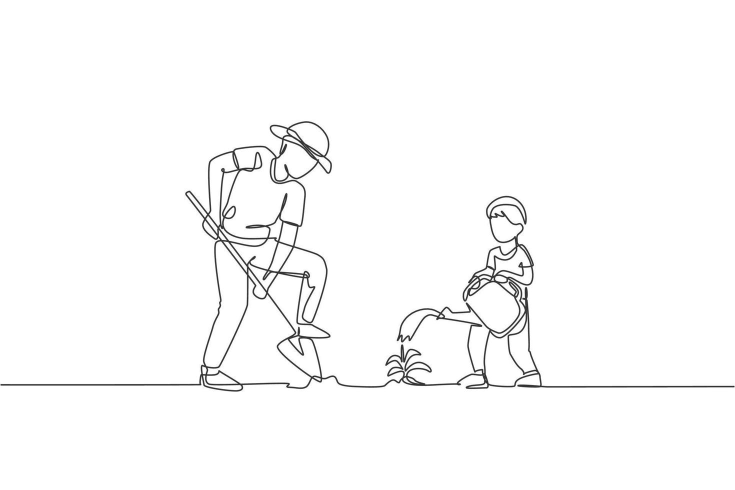 Single continuous line drawing young dad digging ground using shovel and son watering a plant at home garden . Happy family parenthood concept. Trendy one line graphic draw design vector illustration