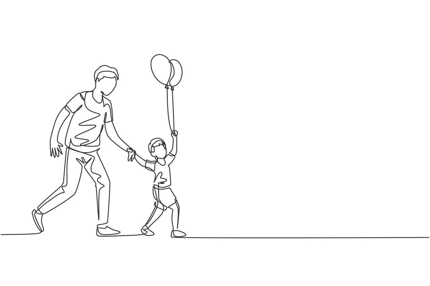 One continuous line drawing of young father and his son go to night carnival festival while the kid holding balloon. Happy family parenting concept. Dynamic single line draw design vector illustration