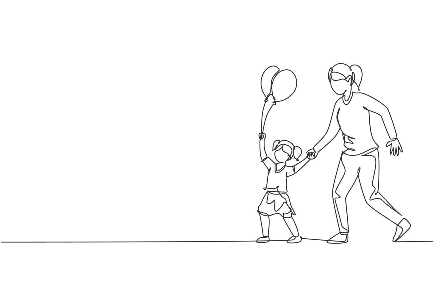 Un solo dibujo de línea continua de la joven madre y su hija van al festival de carnaval nocturno mientras el niño sostiene un globo. concepto de paternidad familiar feliz. Ilustración de vector de diseño de dibujo de una línea