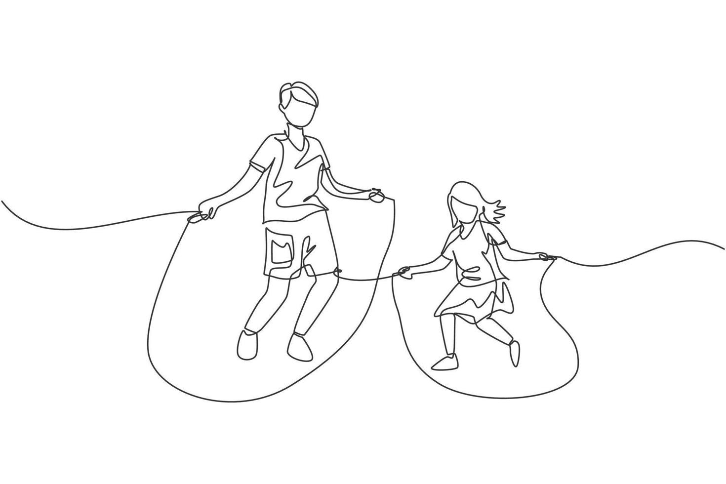 One continuous line drawing of young dad and his daughter practice jumping with skipping rope at park near home. Happy family parenting concept. Dynamic single line draw design vector illustration