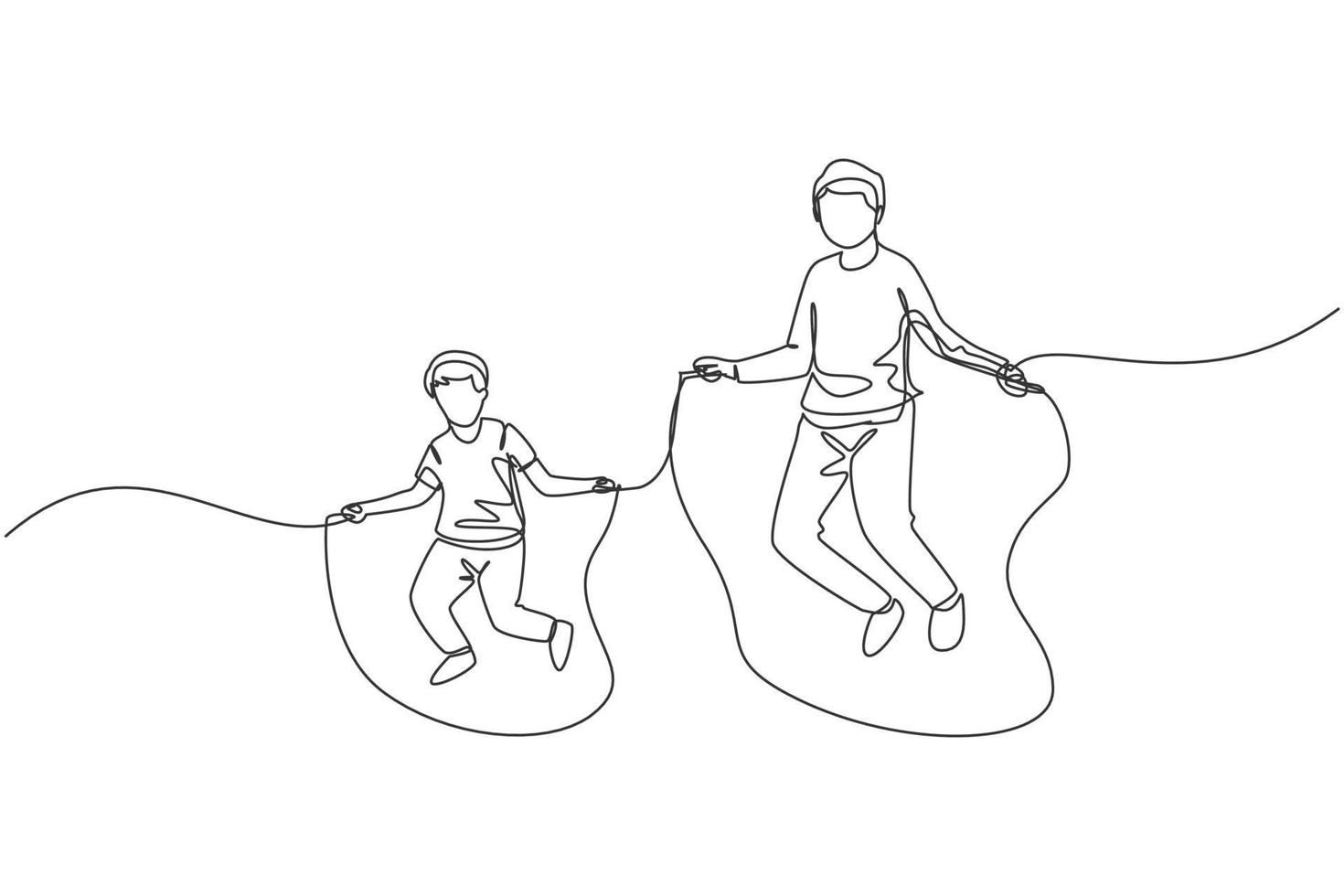 Single continuous line drawing young father and his son exercise jumping with skipping rope at park near home. Happy family parenthood concept. Trendy one line draw design graphic vector illustration