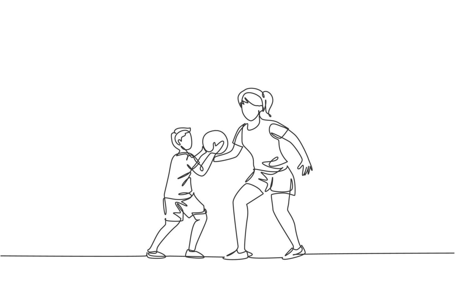 dibujo de una sola línea continua de una madre joven jugando al baloncesto con su hijo en el campo de su casa. concepto de paternidad familiar feliz. Ilustración de vector de diseño gráfico de dibujo de una línea de moda