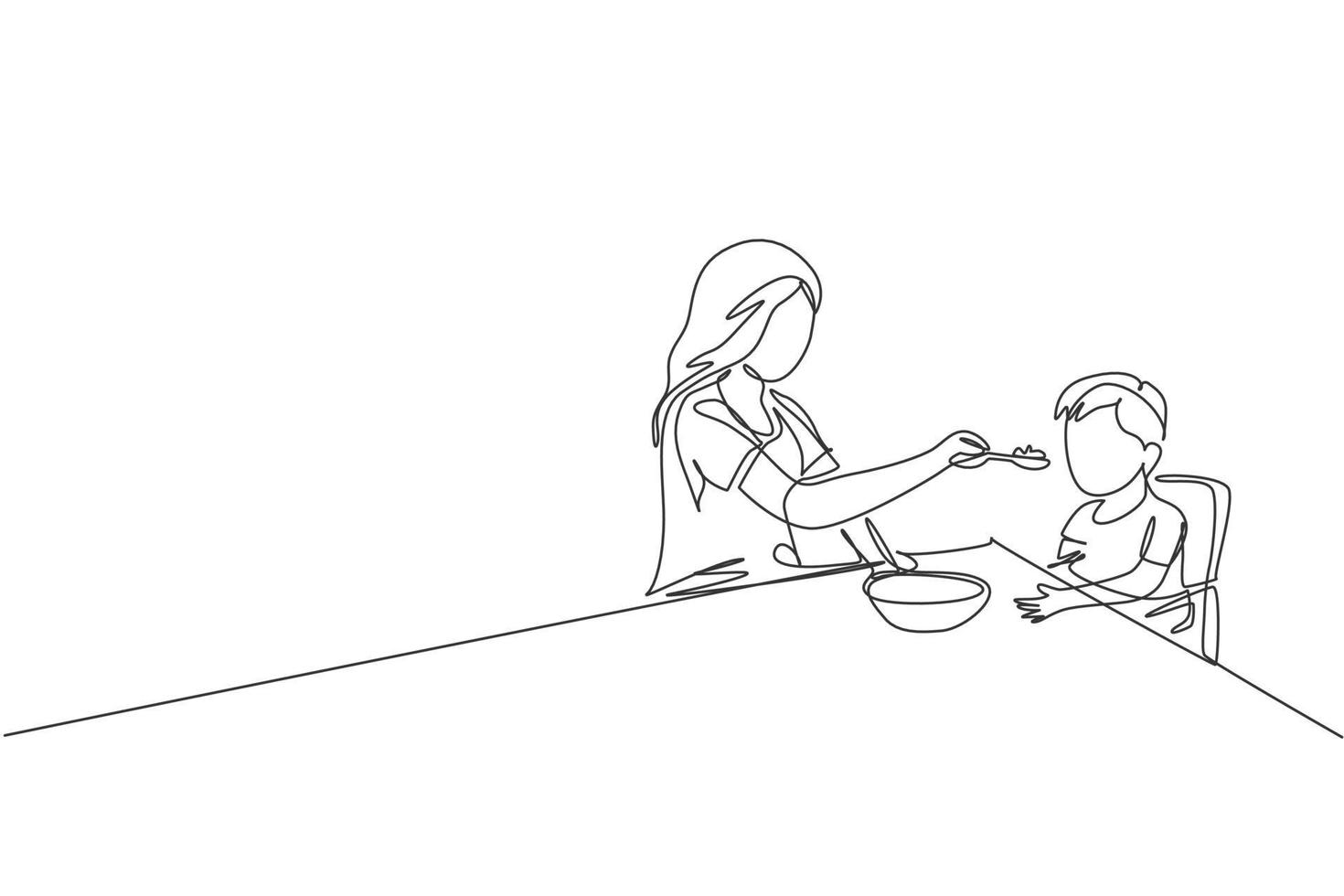 One continuous line drawing of young mom feeding her sick fever son while siting on dining chair at home. Happy family parenting concept. Dynamic single line draw graphic design vector illustration