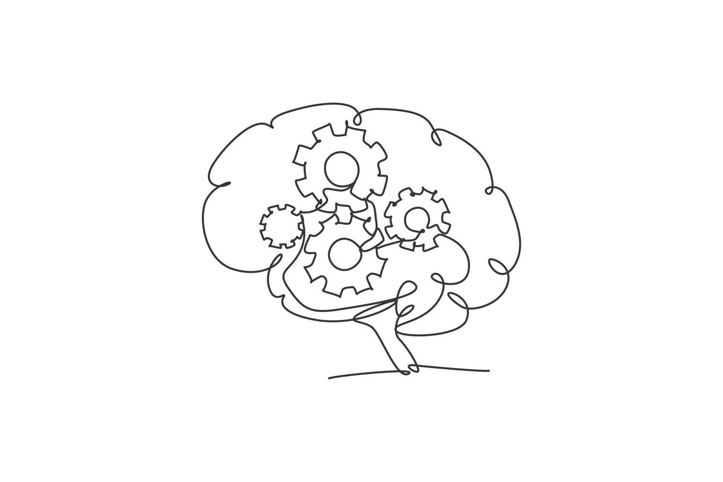 One continuous line drawing of metal round wheel gear inside human brain for company logo icon. Smart machine logotype symbol template concept. Trendy single line draw design vector illustration