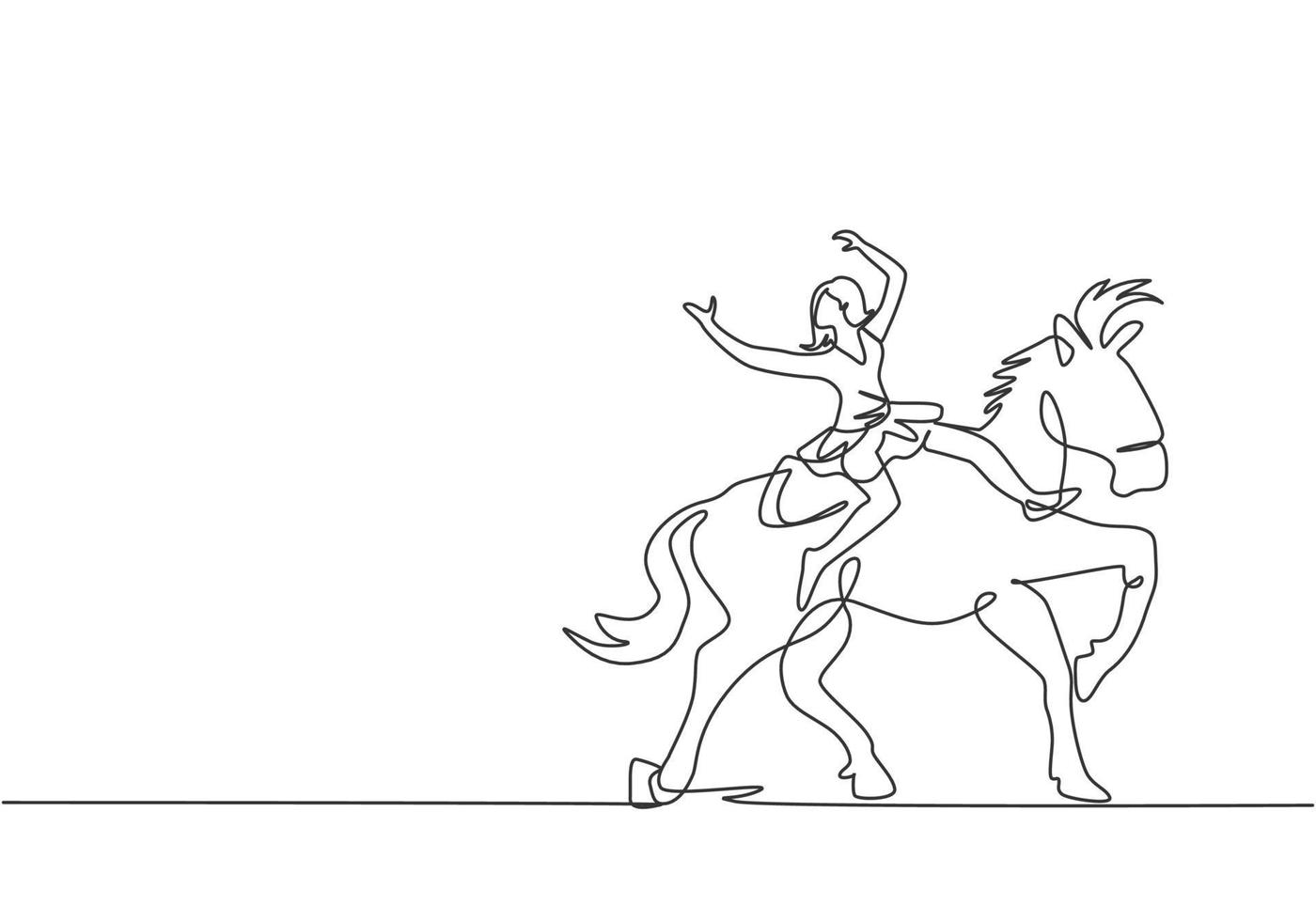 dibujo de una sola línea, una acróbata femenina actúa sobre un caballo de circo mientras baila sobre el lomo del caballo y levanta las manos. el caballo se une al baile. Ilustración de vector gráfico de diseño de dibujo de una línea.