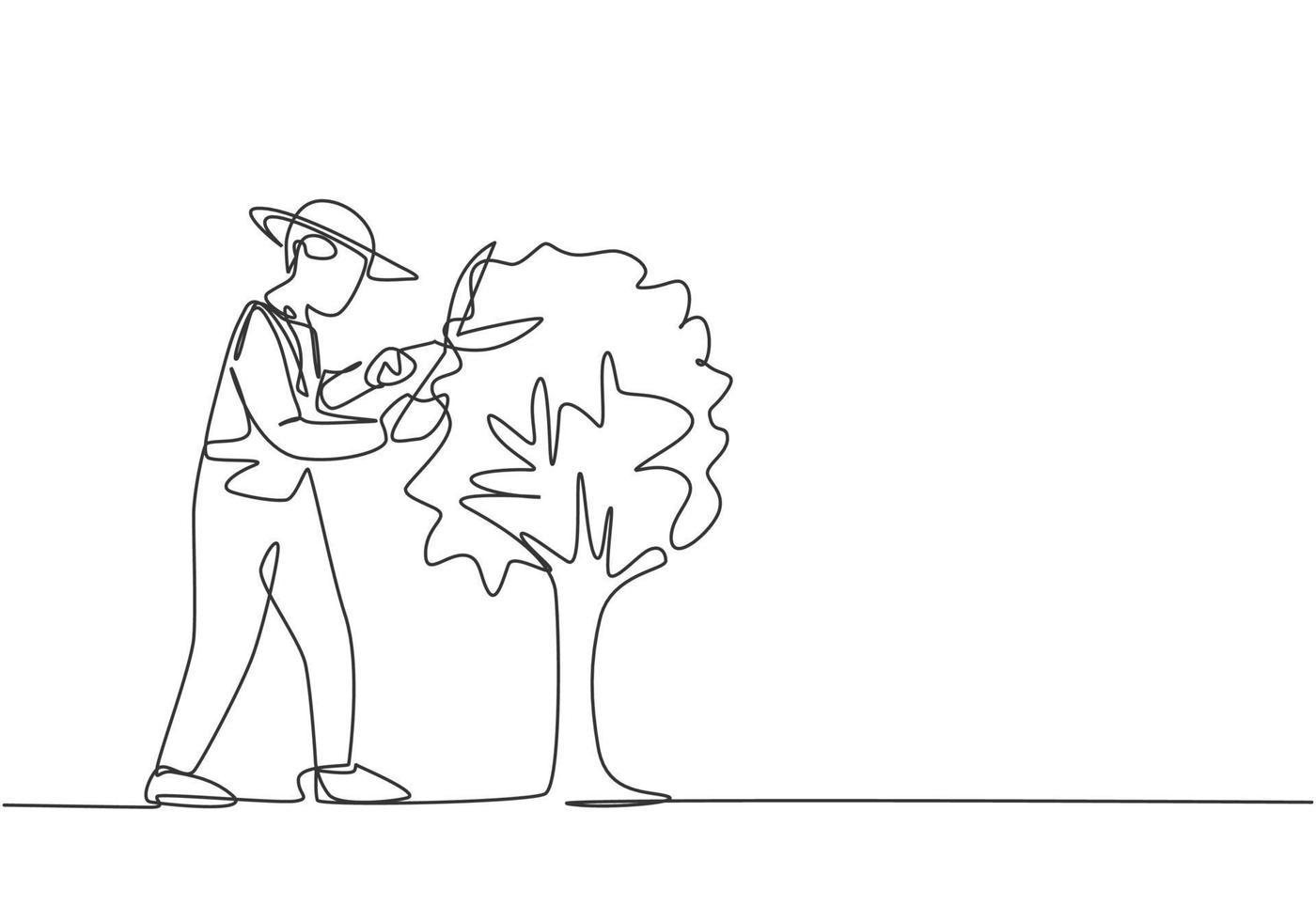 Single one line drawing of young male farmer cut the leaves on the tree using plant scissors. Farming challenge minimalist concept. Modern continuous line draw design graphic vector illustration.