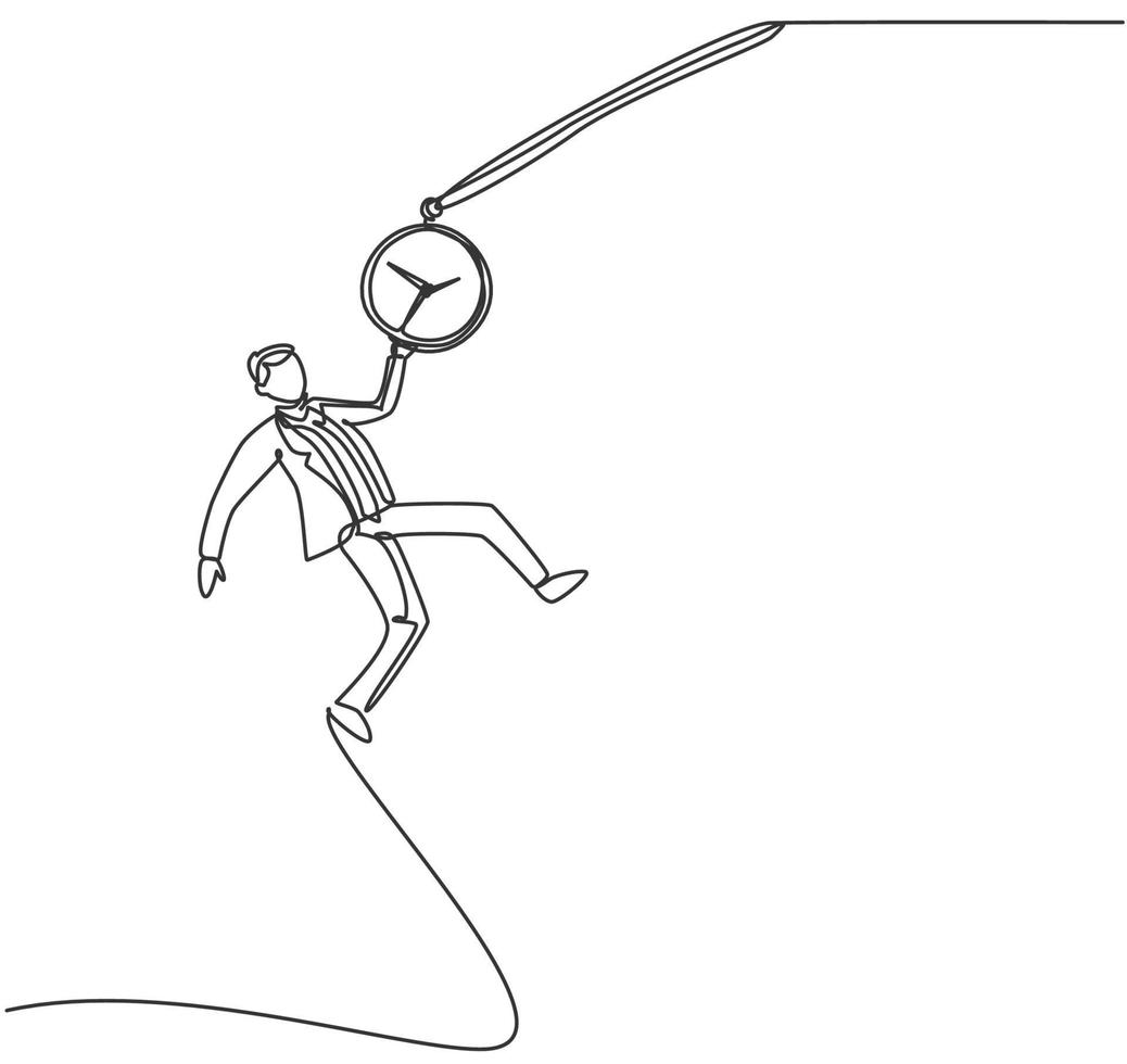 Continuous one line drawing young male worker swinging on pocket watch chain to reach goals target. Time management business minimalist concept. Single line draw design vector graphic illustration