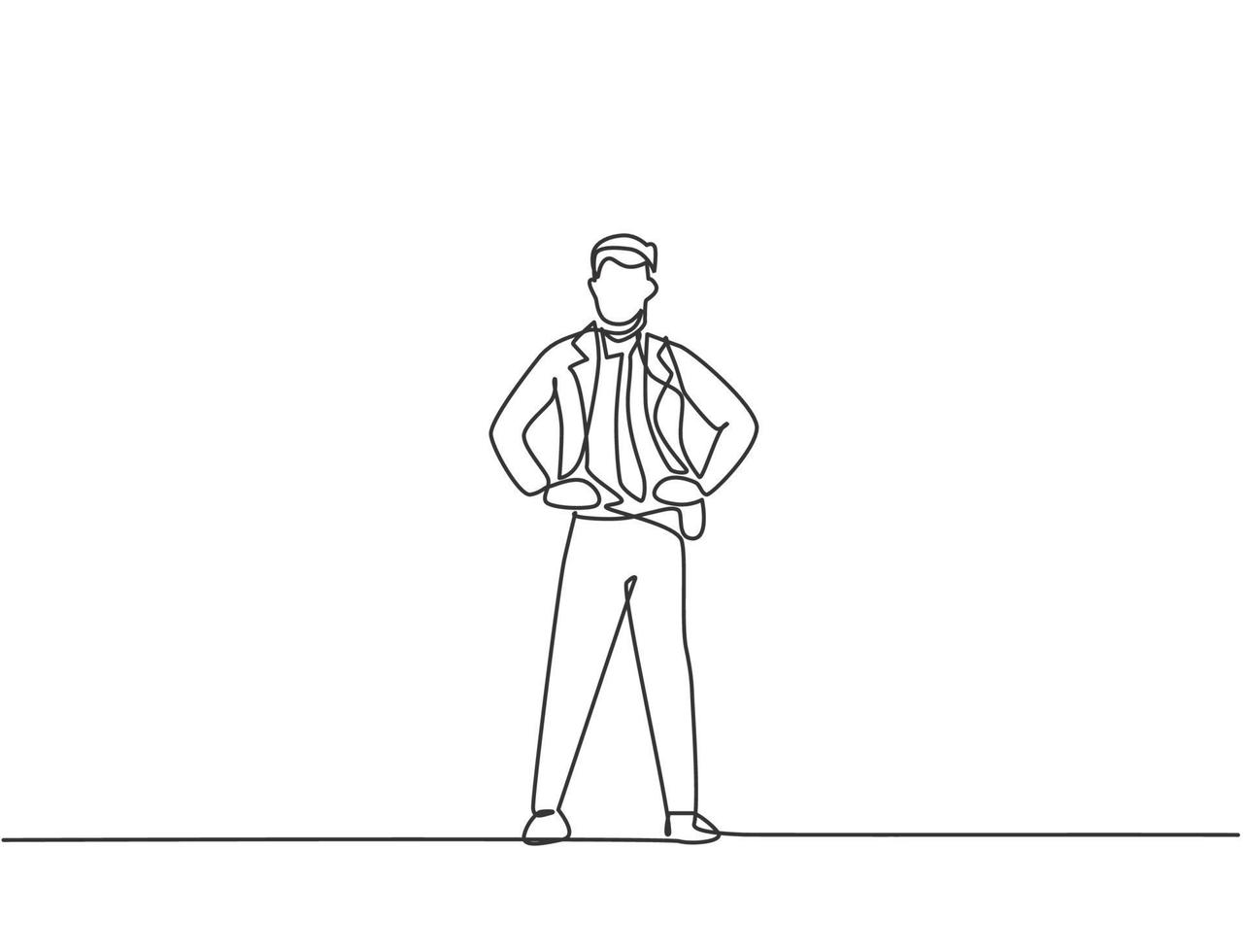 Single continuous line drawing young business man standing on the street thinking of his business. Minimalism metaphor business vision concept. Dynamic one line draw graphic design vector illustration