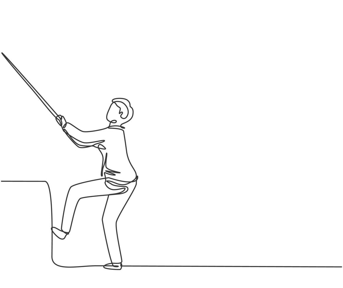 Single continuous line drawing young business man pulling rope so hard to climb a stair. Minimalism metaphor business deadline concept. Dynamic one line draw graphic design vector illustration