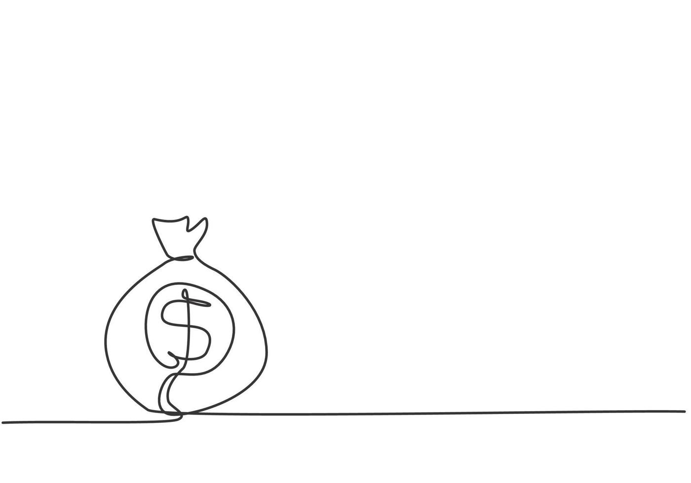 Single one line drawing of money bag on the floor with penny and paper money inside. Business wealth metaphor concept. Modern continuous line draw design graphic vector illustration