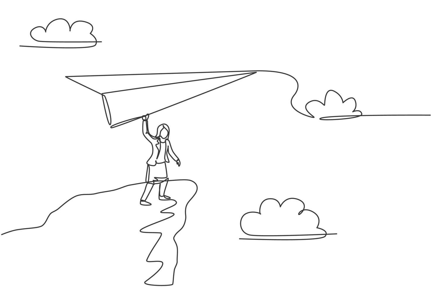 Continuous one line drawing young female worker fly paper plane from top cliff edge. Success business manager. Metaphor minimalist concept. Trendy single line draw design vector graphic illustration