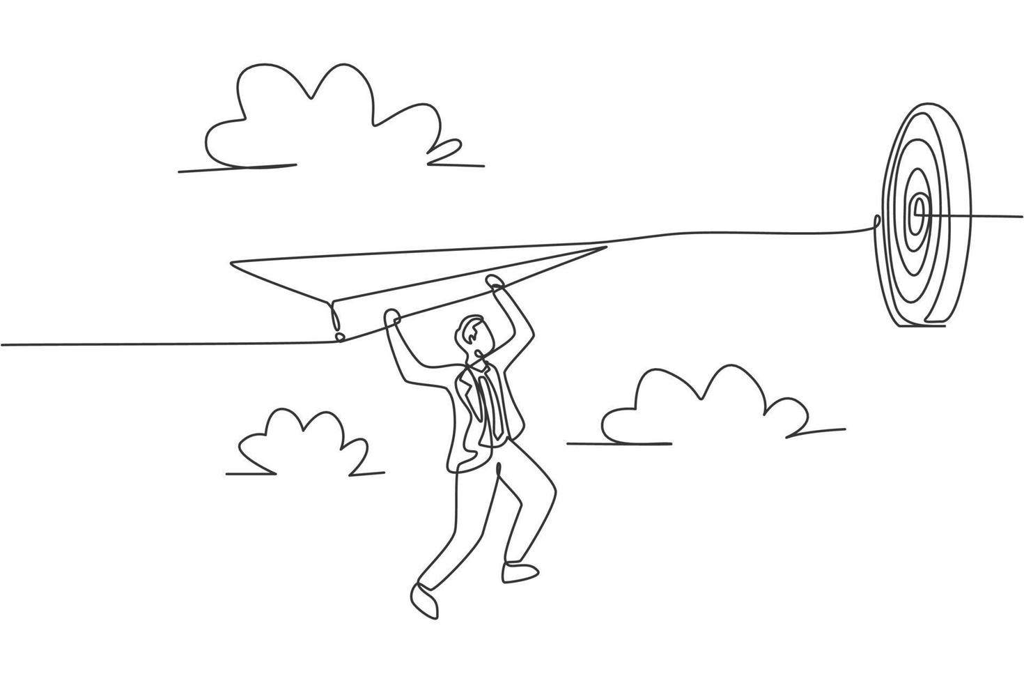 Single continuous line drawing young business man hanging on flying paper aircraft into target. Business goal metaphor concept. Minimalism dynamic one line draw. Graphic design vector illustration