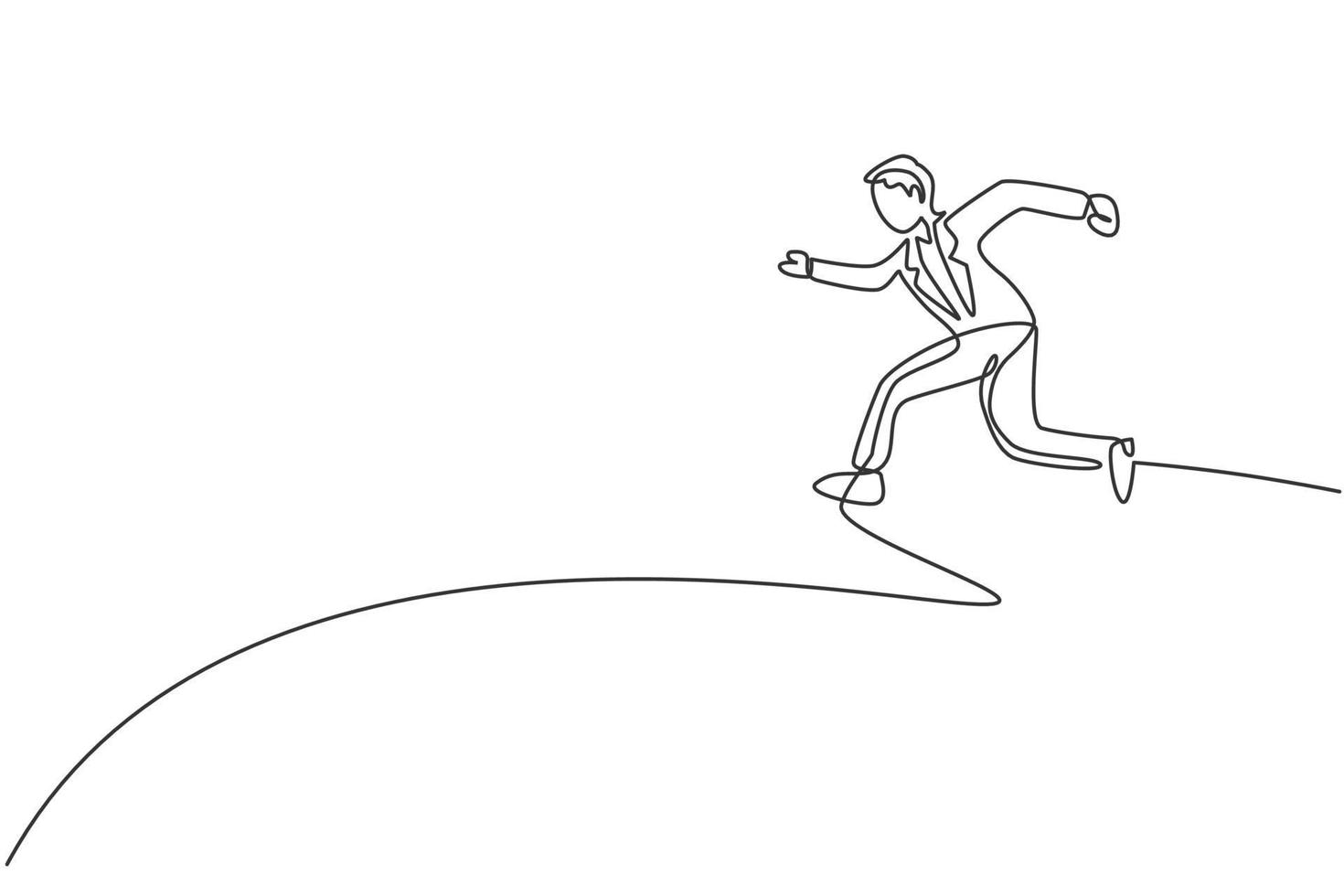 Continuous one line drawing of young happy male entrepreneur jumping high into the sky. Success business manager. Minimalist concept. Trendy single line draw design vector graphic illustration