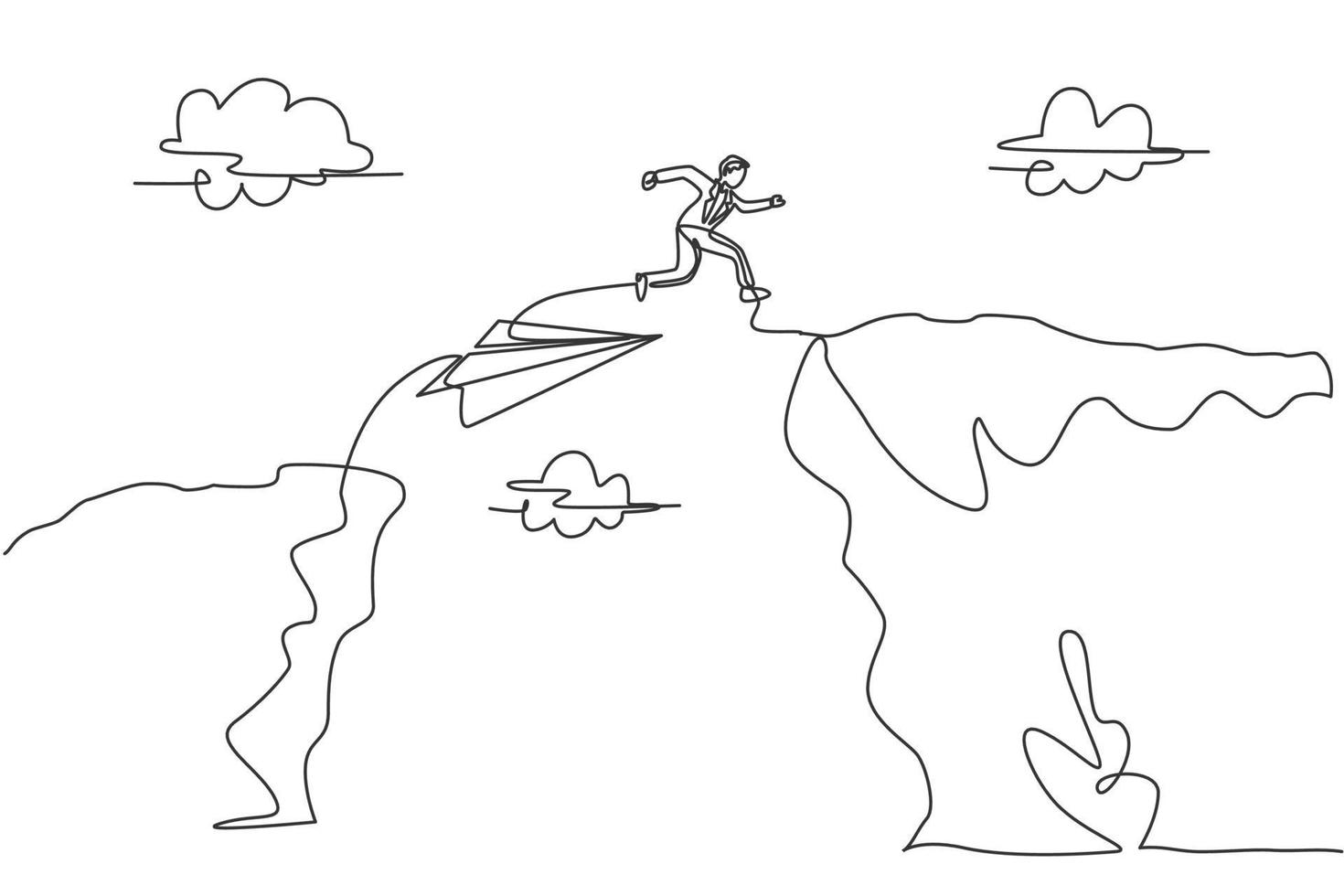 Single continuous line drawing young business man jumping from paper airplane to cross a mount. Professional businessman metaphor concept. Minimalism one line draw. Graphic design vector illustration