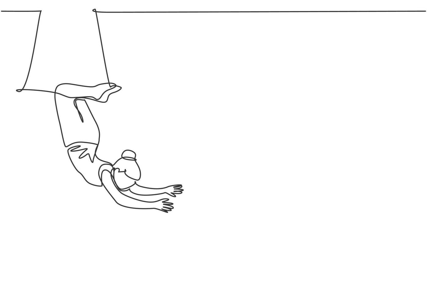 Continuous one line drawing a female acrobat performs on the trapeze with her legs hanging and head down while swinging her hand. Brave and agile. Single line draw design vector graphic illustration.