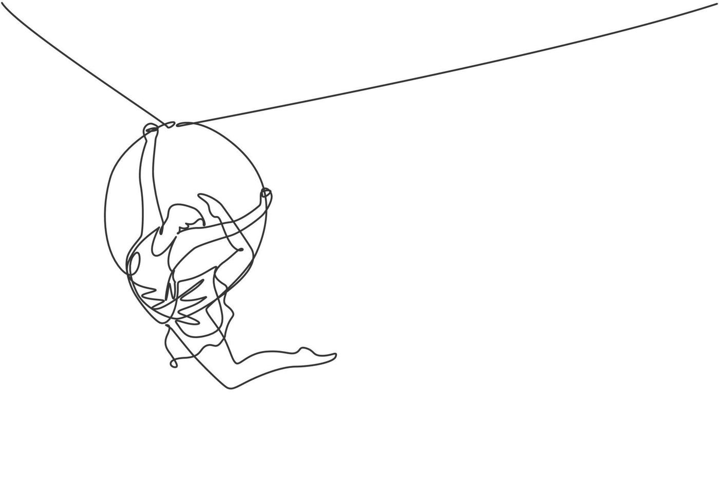 una línea continua dibujando una mujer acrobática que se presenta en un aro aéreo mientras baila y tiene una pierna levantada cerca de la parte posterior de la cabeza. Ilustración gráfica de vector de diseño de dibujo de una sola línea.
