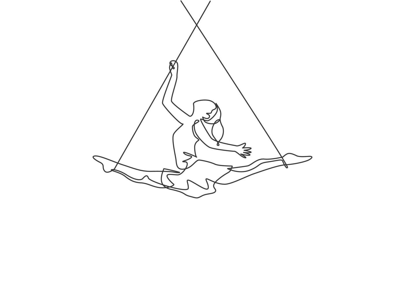 dibujo de una sola línea continua que una acróbata femenina realiza en el trapecio mientras baila y abre las piernas. se necesita coraje y riesgos. Ilustración de vector de diseño gráfico de dibujo de una línea dinámica