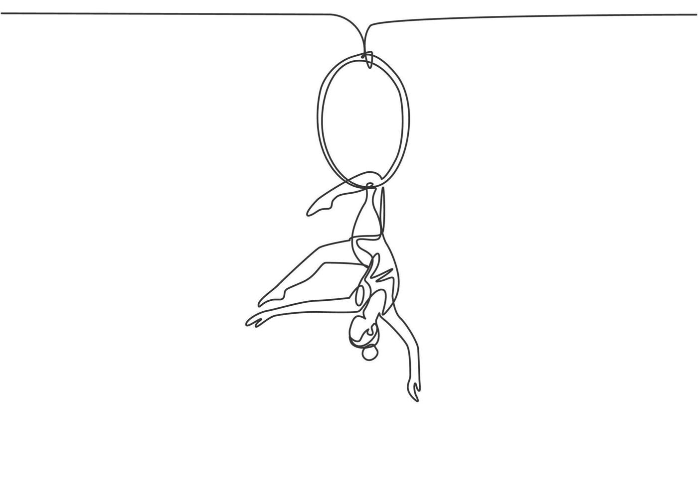 Single one line drawing an acrobatic woman who performs on an aerial hoop while dancing with one leg hanging and her head down. Modern continuous line draw design graphic vector illustration.