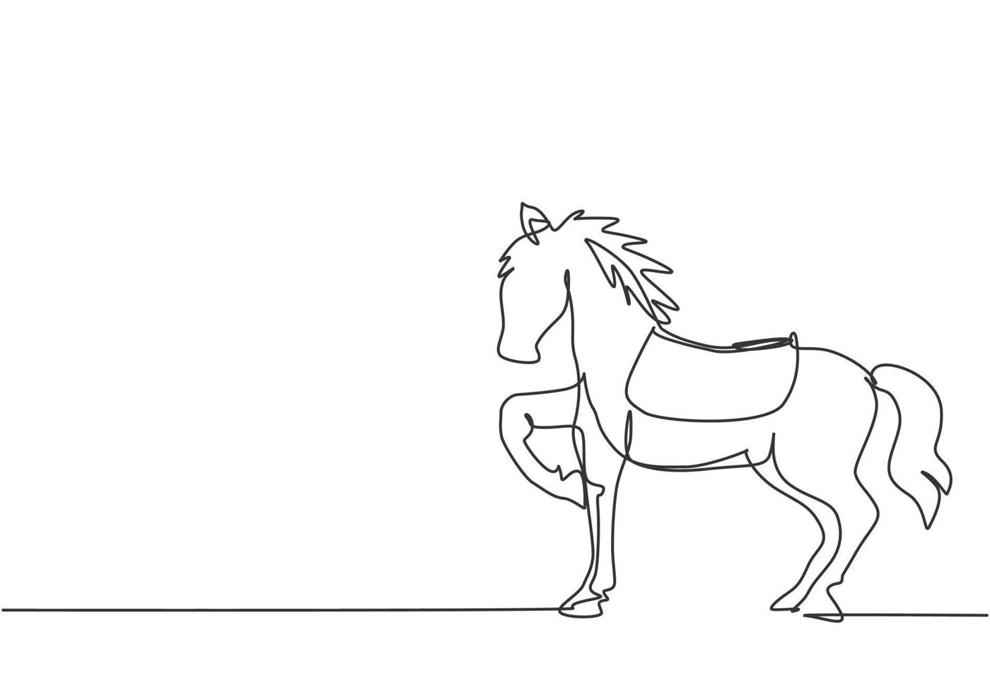 Continuous one line drawing a circus horse stands on the show arena, lifting one of its legs while preparing to perform an attraction. Trained horse. One line draw design vector graphic illustration.