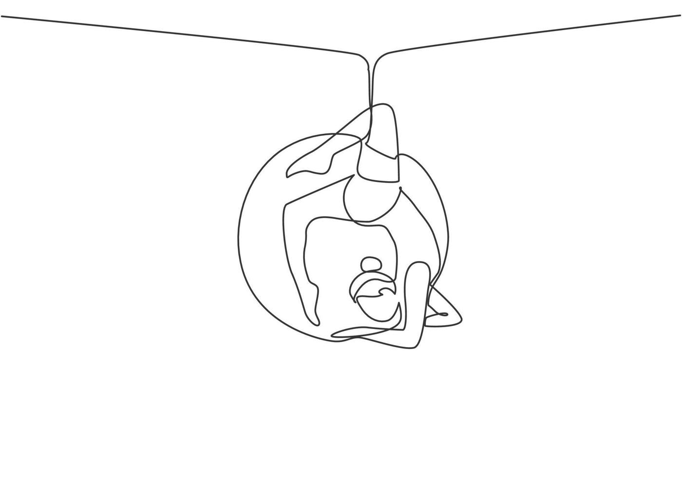 Continuous one line drawing a female acrobat performing on an aerial hoop by forming a circle around her body. It takes courage and takes risks. Single line draw design vector graphic illustration.