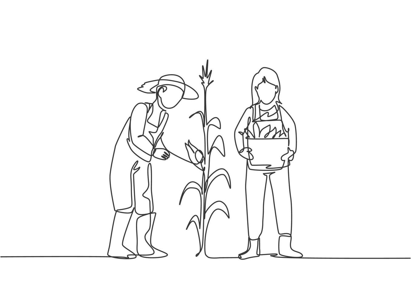 Single one line drawing of young couple farmer picking the corn on the tree and bring a basket. Farming challenge minimalist concept. Modern continuous line draw design graphic vector illustration.