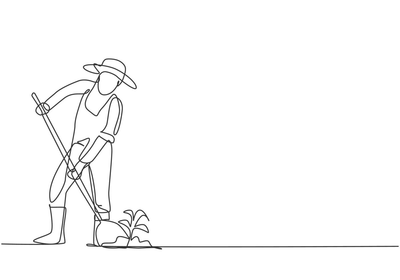 Single one line drawing of young male farmer shoveled the soil with the plants using a shovel. Farming challenge minimalist concept. Modern continuous line draw design graphic vector illustration.