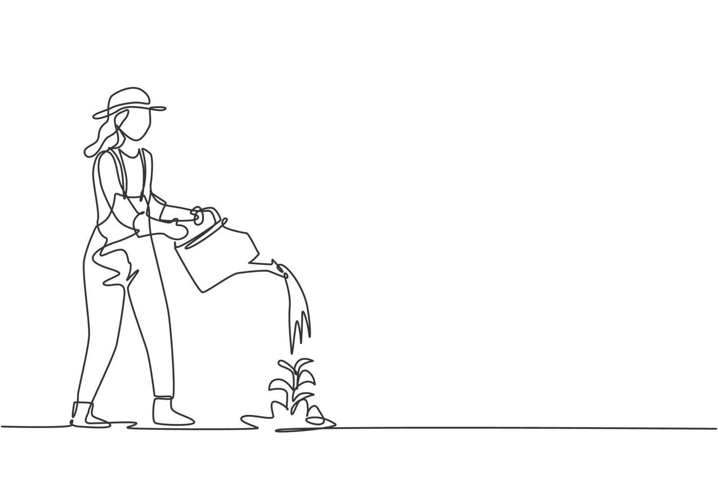 Single continuous line drawing young female farmer water the plants using a watering can. Farmer planting activities minimalism concept. Dynamic one line draw graphic design vector illustration.