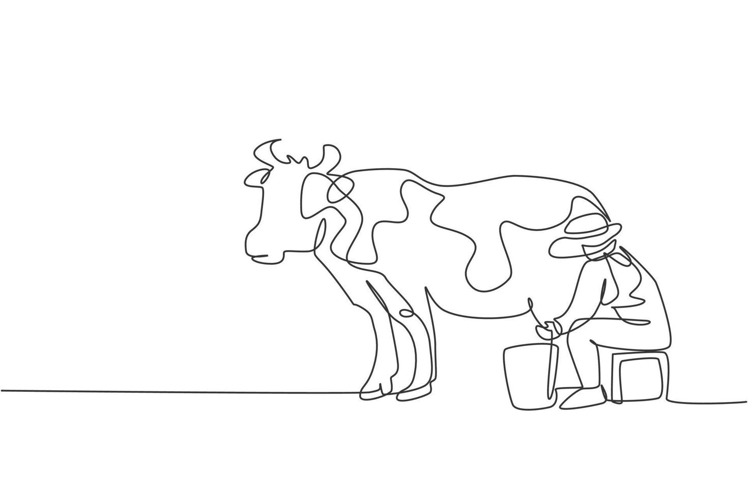 Continuous one line drawing young female farmer milking a cow with traditional way. A successful harvest activity minimalism concept. Single line draw design vector graphic illustration