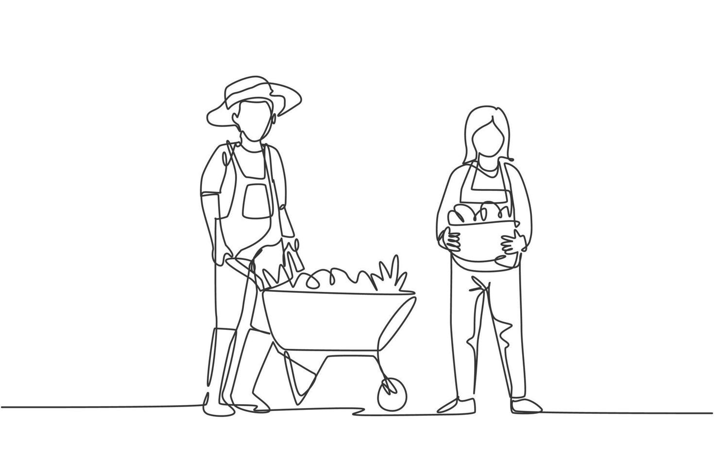 dibujo de línea continua única agricultor feliz pareja con carretilla carretilla y canasta llena de frutas. un concepto de minimalismo de actividad de cosecha exitosa. Ilustración de vector de diseño gráfico de dibujo de una línea