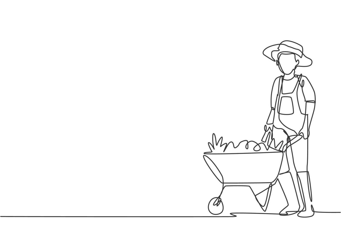 dibujo de una sola línea del joven agricultor de pie junto al carro de la carretilla lleno de frutas. concepto minimalista de desafío agrícola. Ilustración de vector gráfico de diseño de dibujo de línea continua