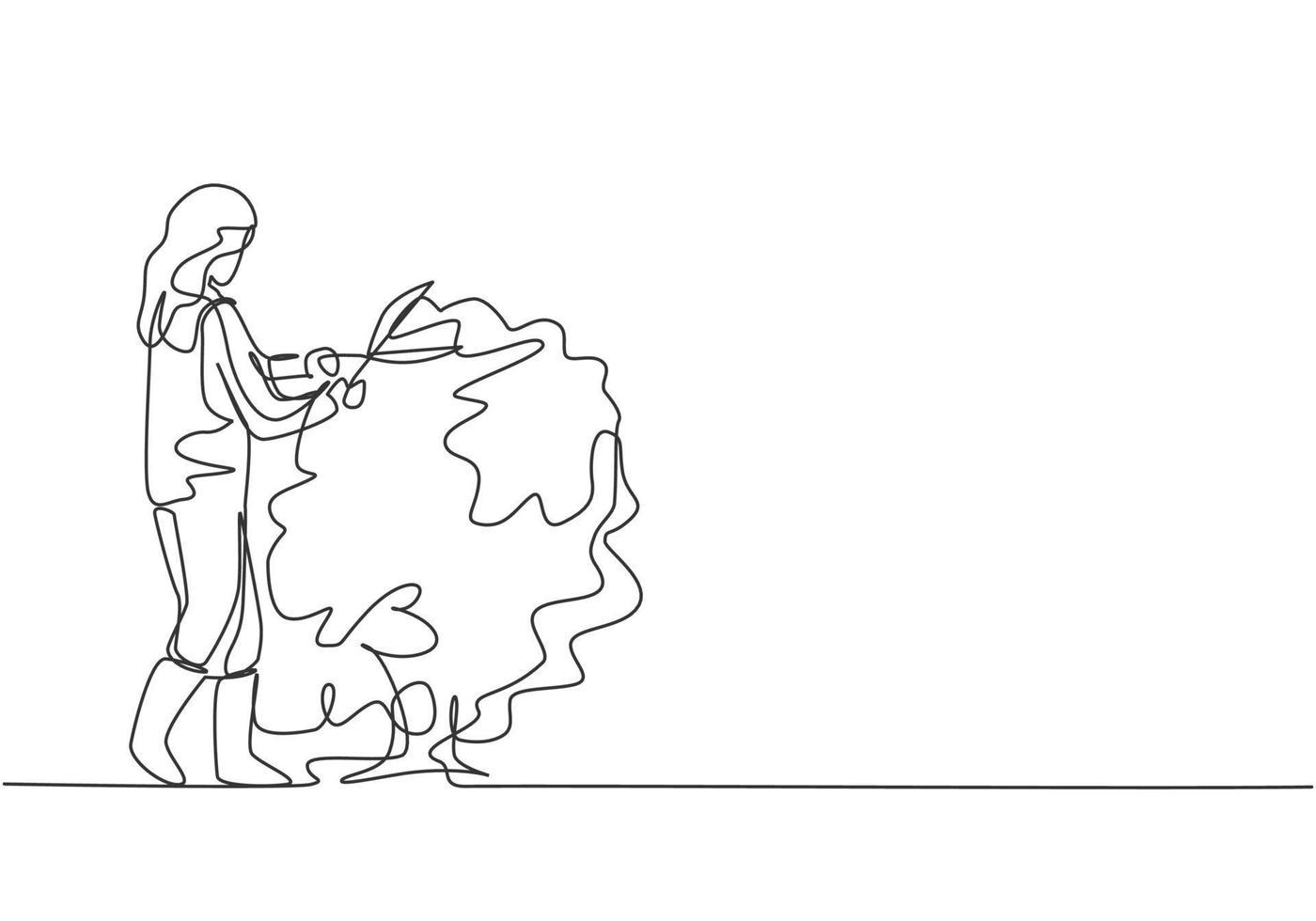 dibujo continuo de una línea joven agricultora corta las hojas del árbol con tijeras para plantas. concepto minimalista de desafío agrícola. Ilustración gráfica de vector de diseño de dibujo de una sola línea.