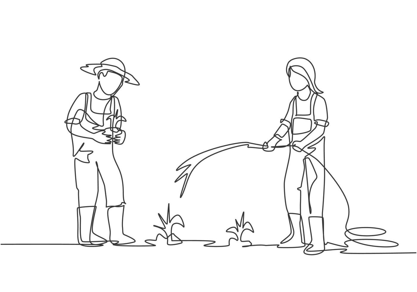 Single continuous line drawing couple farmer watering the plants using a hose and planting new plants. Farmer planting activities concept. Dynamic one line draw graphic design vector illustration.