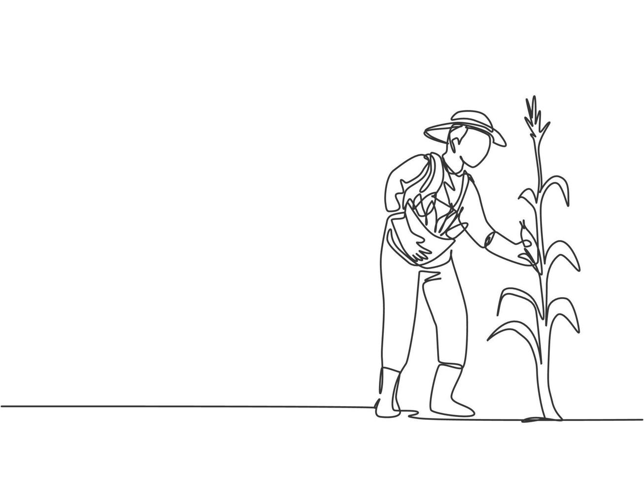 dibujo de una sola línea de un joven agricultor recogiendo el maíz en el árbol. agricultor profesional. concepto minimalista de desafío agrícola. Ilustración de vector gráfico de diseño de dibujo de línea continua moderna.