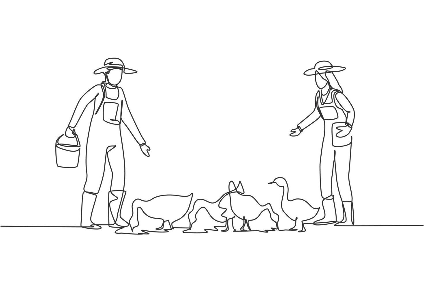 dibujo continuo de una línea pareja de granjeros está alimentando a los  gansos para que estén