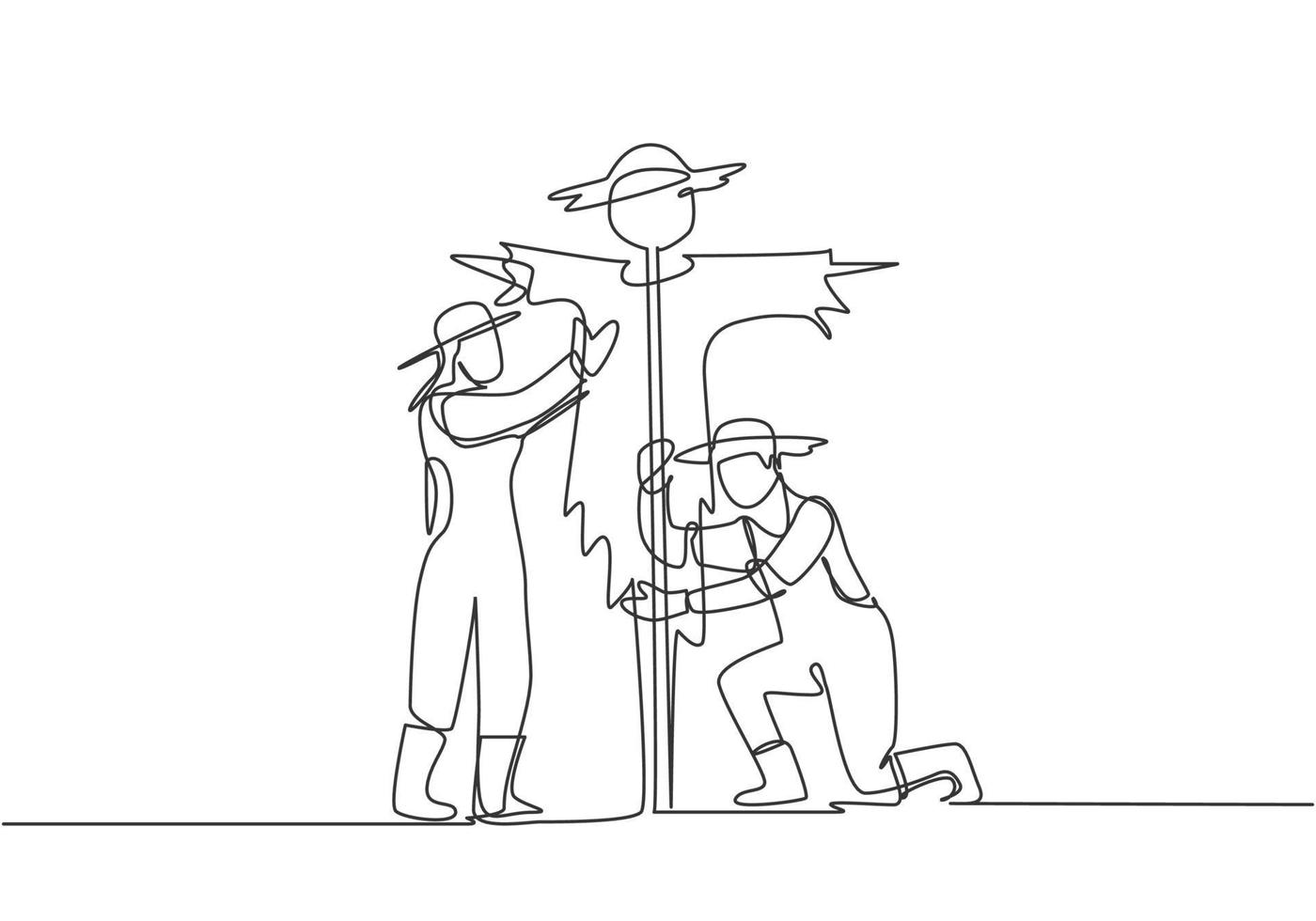 Single one line drawing of young couple farmer is installing a scarecrow to ward off pest birds. Farming challenge minimal concept. Modern continuous line draw design graphic vector illustration.