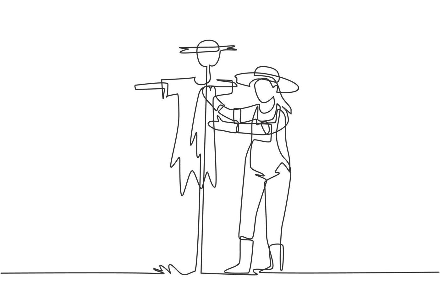 Single continuous line drawing a young female farmer in a straw hat putting up scarecrow to keep out pests of birds. Farming minimalist concept. One line draw graphic design vector illustration.