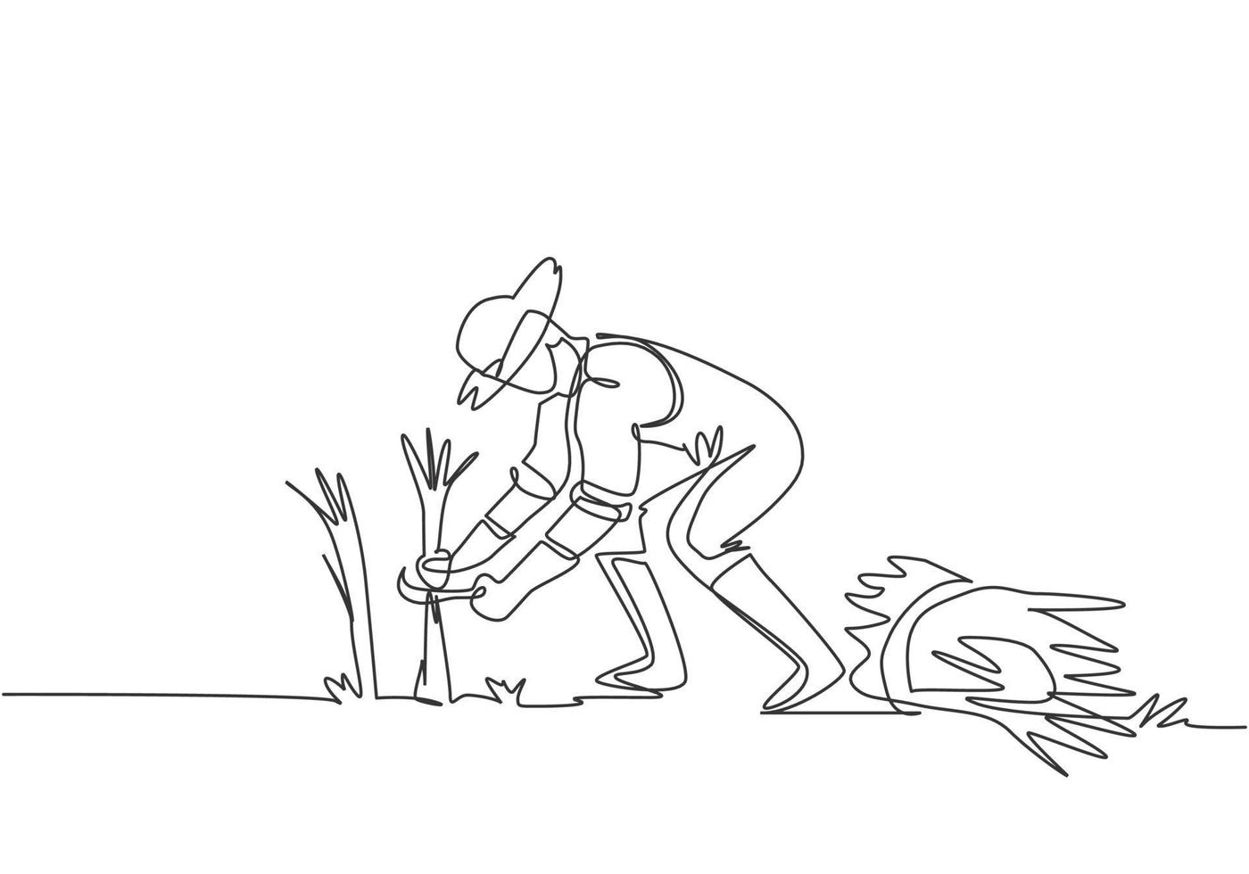 Single one line drawing of young male farmer was harvesting rice and there was also rice that had been tied up. Farming challenge minimal concept. One line draw design graphic vector illustration.