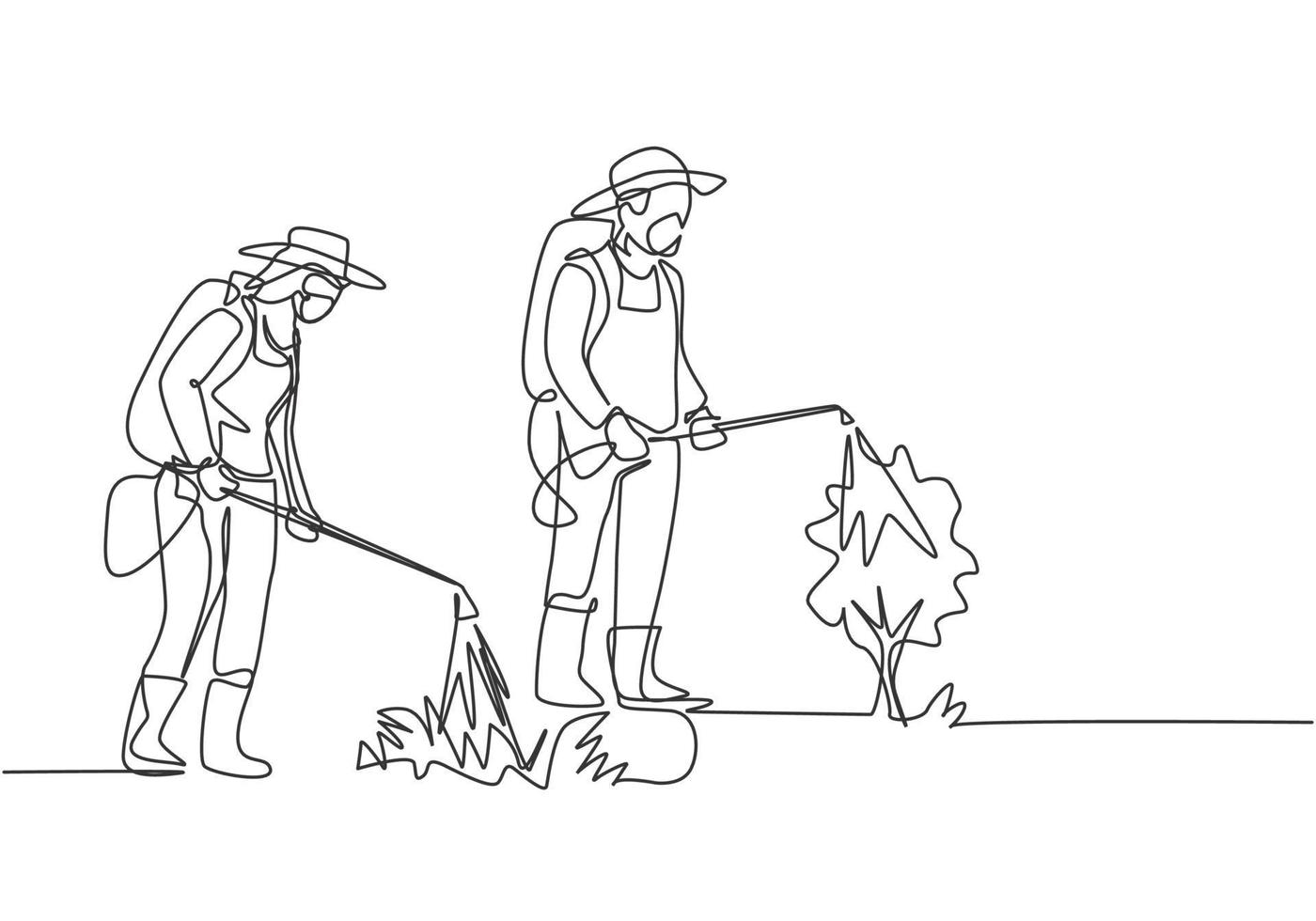 Single one line drawing of couple farmer complete with a mask spraying the plants with disinfectant sprayer. Farming minimalism concept. Continuous line draw design graphic vector illustration