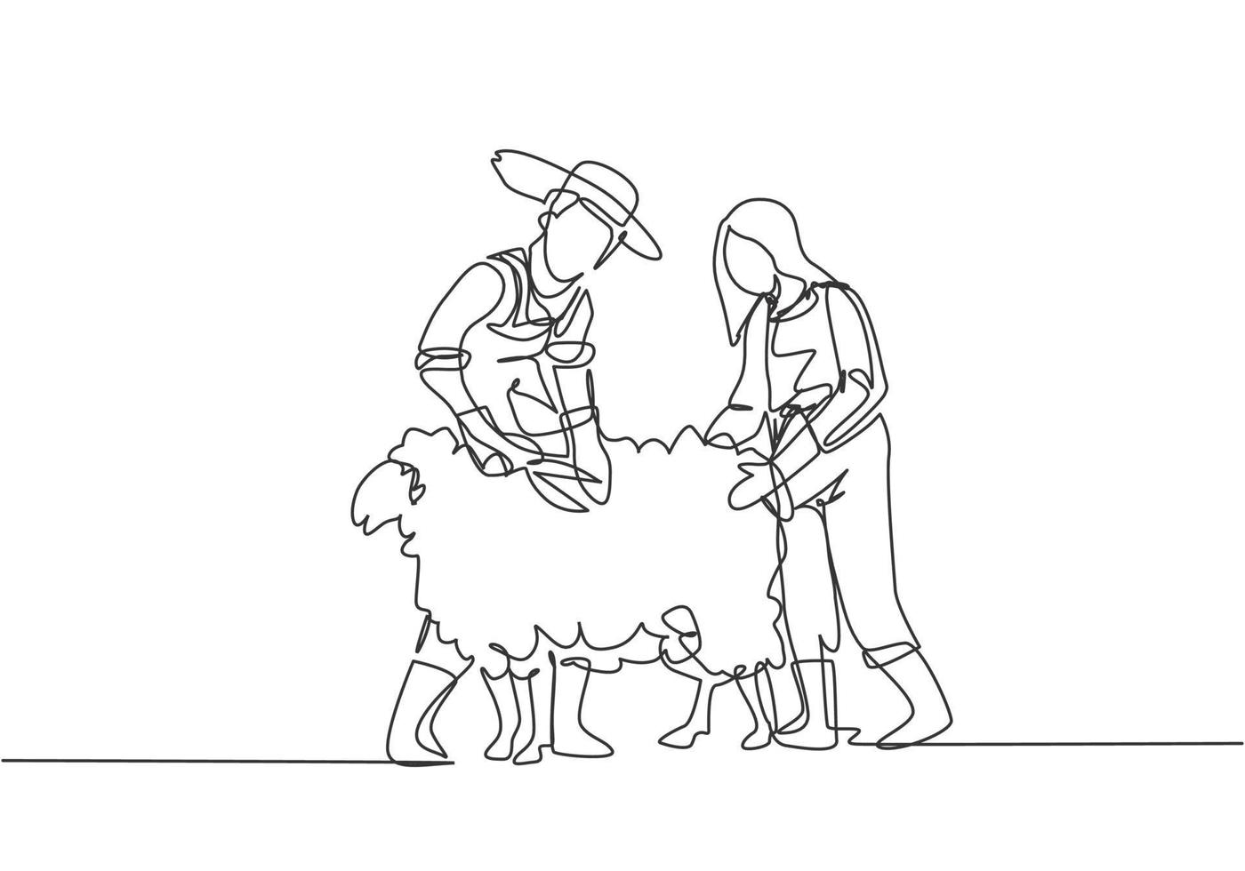 Single continuous line drawing couple farmer was cutting fleece to make a sweater. Done professionally for satisfactory results. Minimalism concept. One line draw graphic design vector illustration.