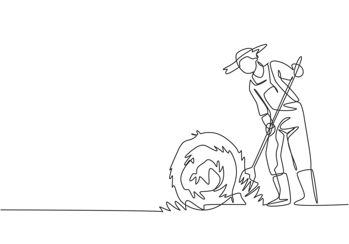 Continuous one line drawing young male farmer was stabbing a haystack and rolling it up with a straw stick. Successful farming minimalist concept. Single line draw design vector graphic illustration.