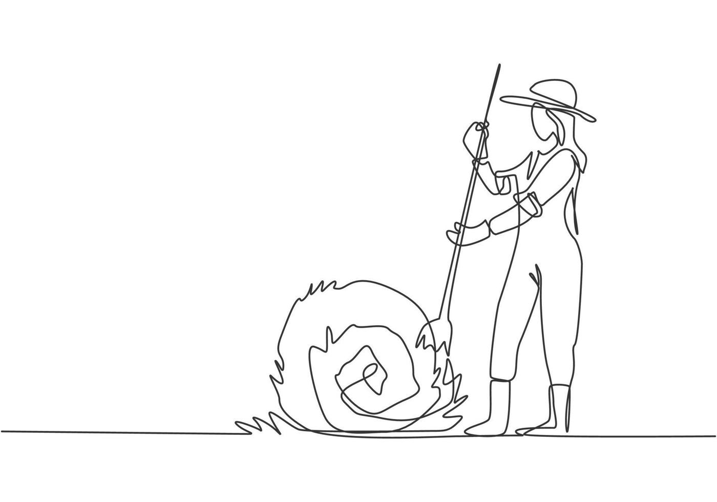 Single continuous line drawing young female farmer was stabbing a haystack and rolling it up with a straw stick. Farming minimalism concept. Dynamic one line draw graphic design vector illustration.