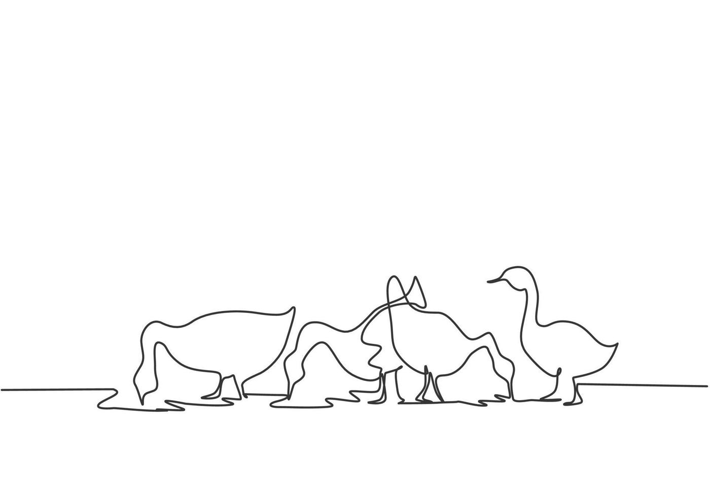 Single one line drawing of the geese are being fed to be healthy and produce the best eggs and meat. Farming challenge minimal concept. Modern continuous line draw design graphic vector illustration.