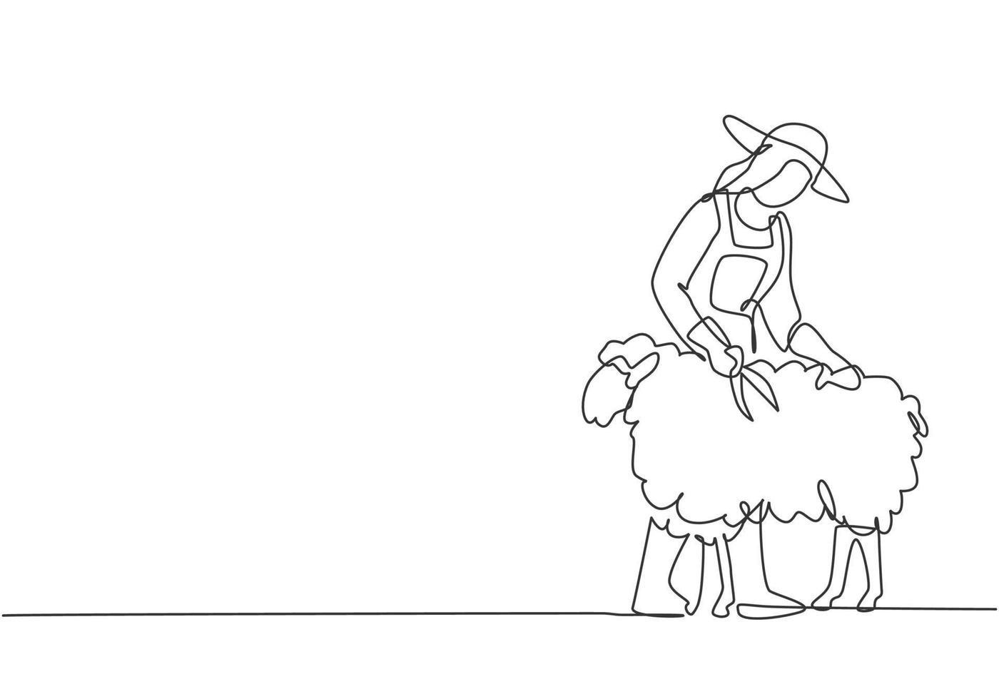 El dibujo de una sola línea de una joven agricultora estaba cortando cuidadosamente el vellón con unas tijeras. concepto mínimo de desafío agrícola. Ilustración de vector gráfico de diseño de dibujo de línea continua moderna.