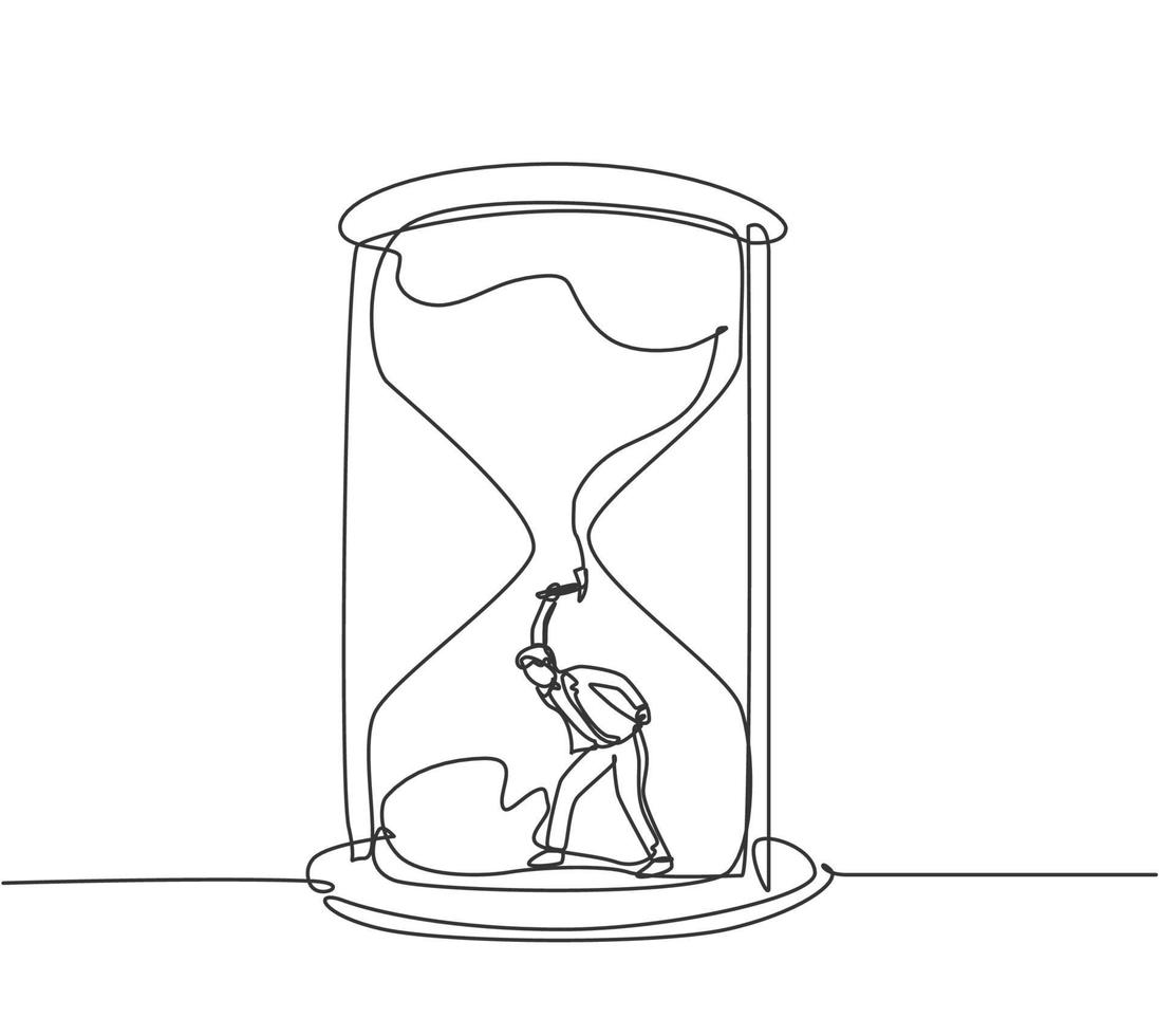 Continuous one line drawing young male worker digging treasure inside hourglass. Getting a new business idea minimalist concept. Single line draw design vector graphic illustration